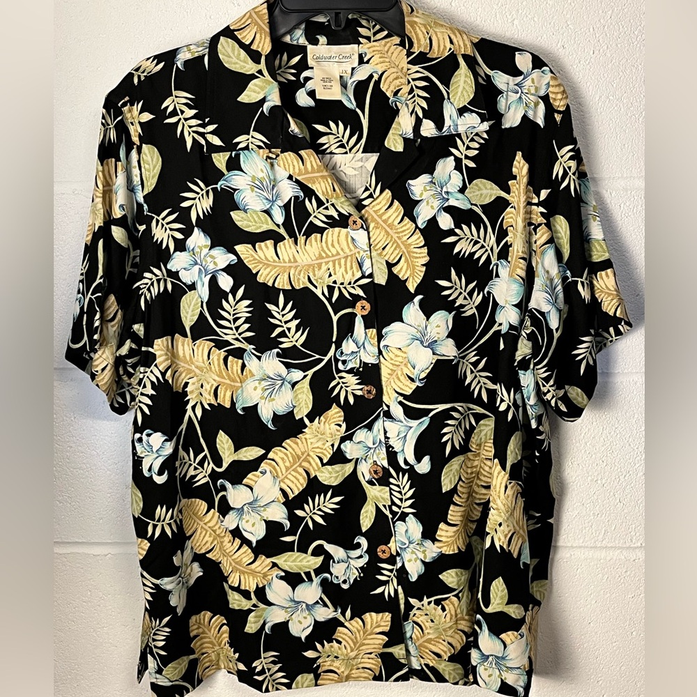 Coldwater Creek Black Floral Button Down Shirt